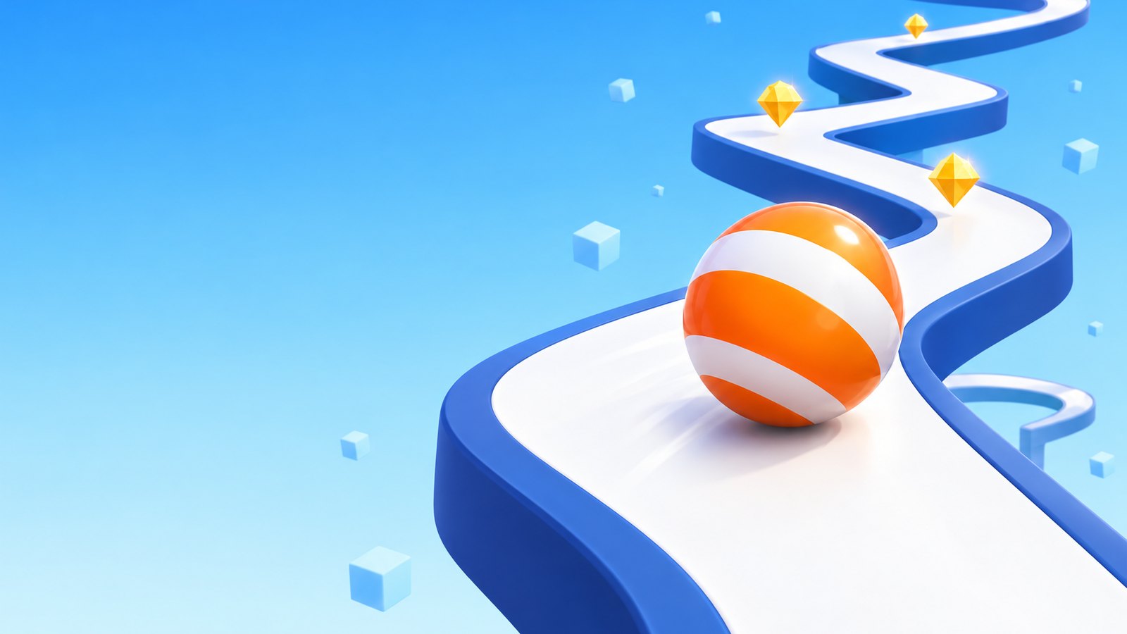 The orange and white ball rolling down a winding white road in a blue sky