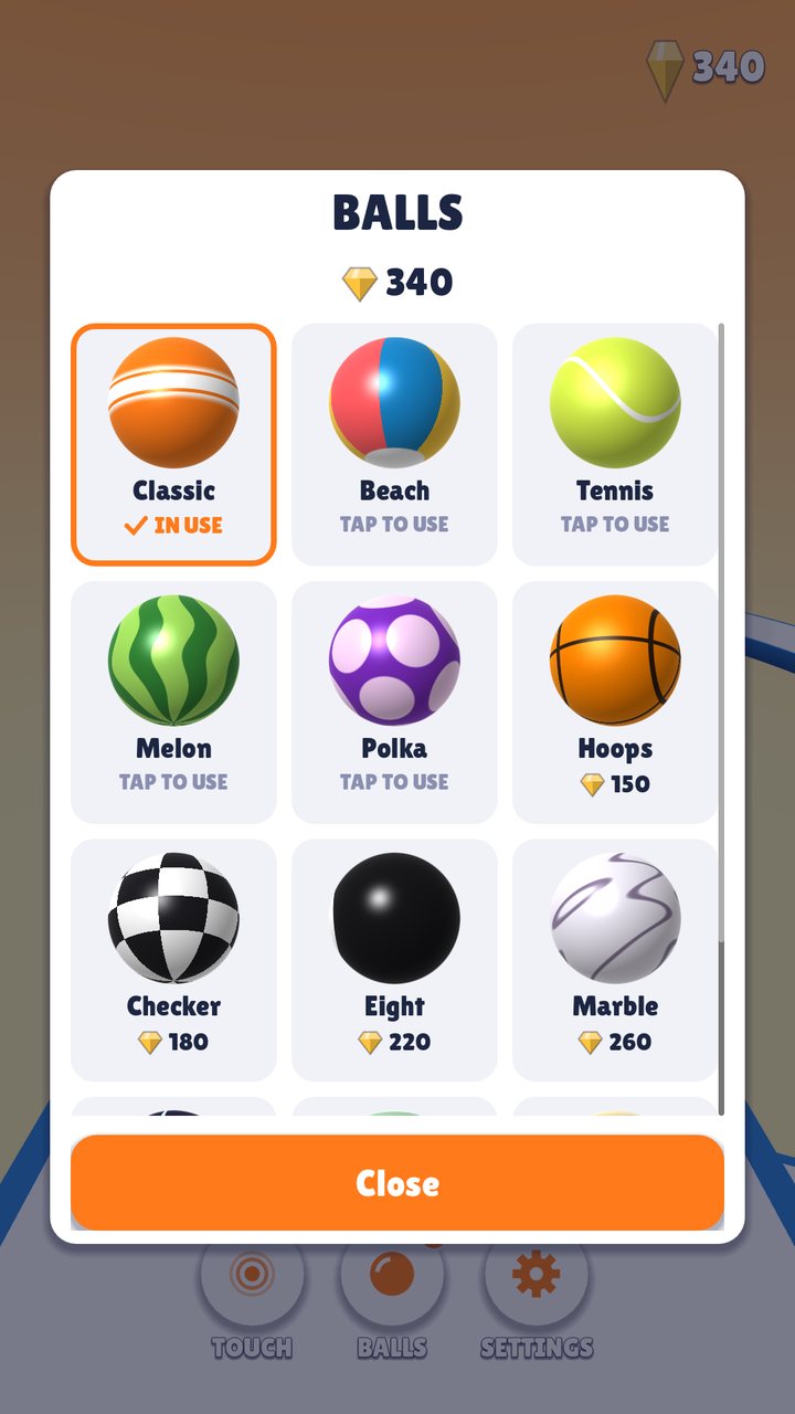 The Balls screen with Classic in use and more balls to unlock with gems