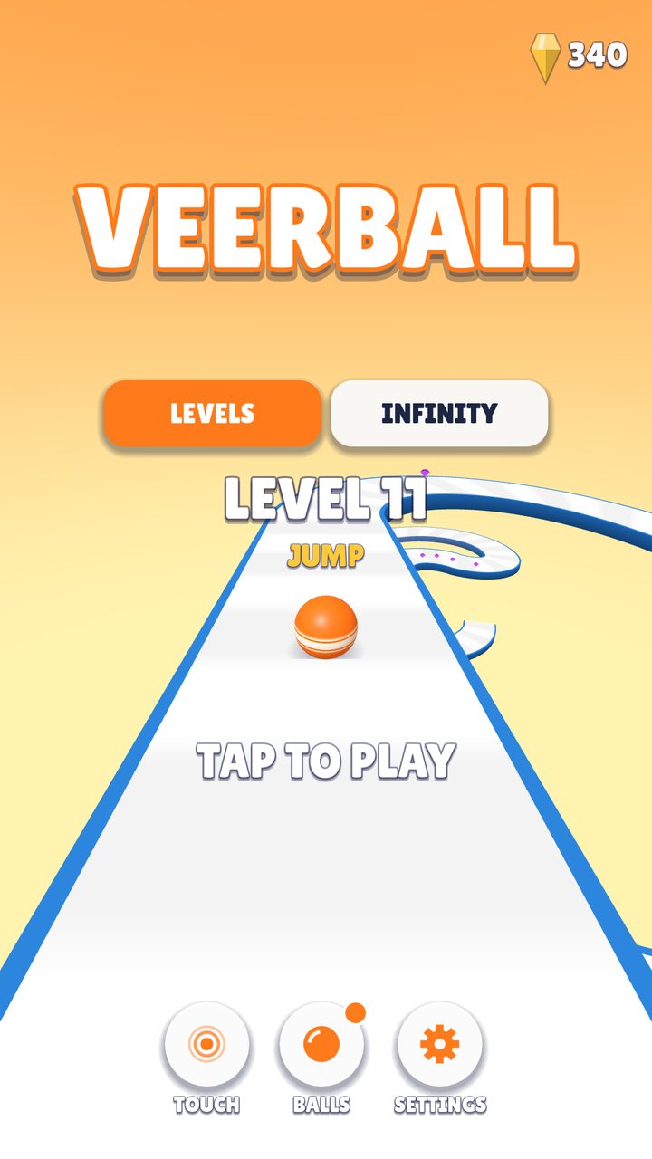 The Veerball home screen with Levels and Infinity buttons, the ball on the road and Tap to play