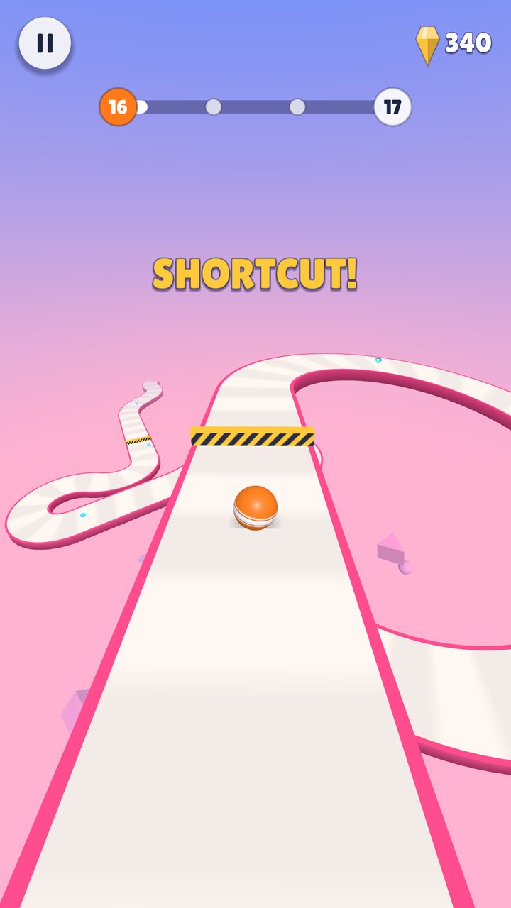 The ball rolling toward a striped barrier on a pink road, with the word Shortcut above